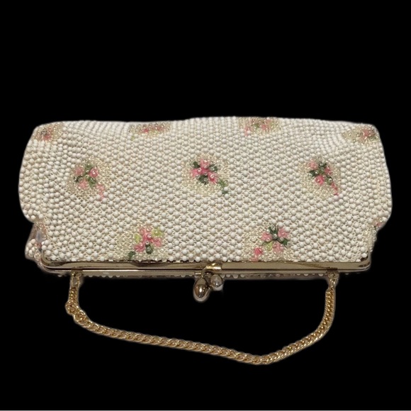 Vintage Frame Beaded Evening Bag, Ivory, Clear, Pink, Green Beading, Kiss Clasp - Picture 9 of 11